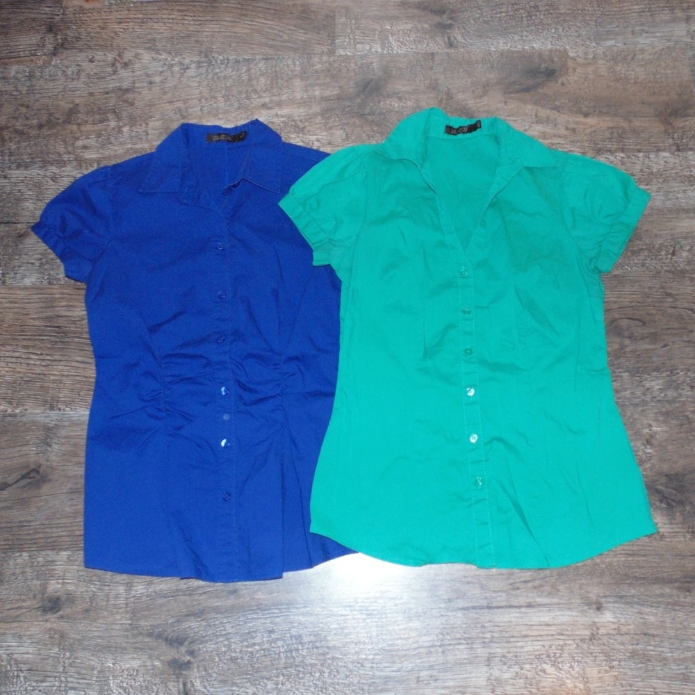 The Limited Essential Shirt Women S Blue Green 2pc Lot Ruched Button Down Good